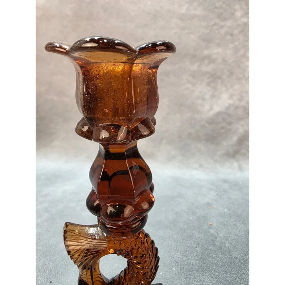 Vintage Amber Glass Koi Fish Candlestick Holder Hexagonal Base Dolphin Pedestal
